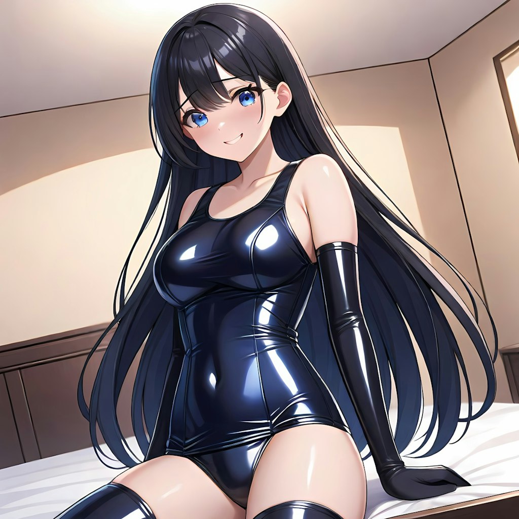 光沢紺旧型スクール水着長手袋サイハイソックス