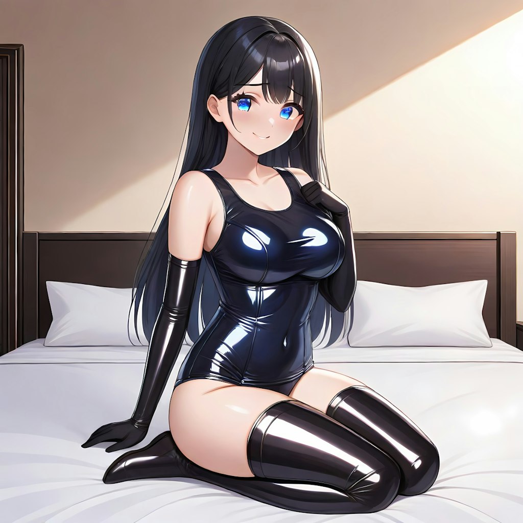 光沢紺旧型スクール水着長手袋サイハイソックス