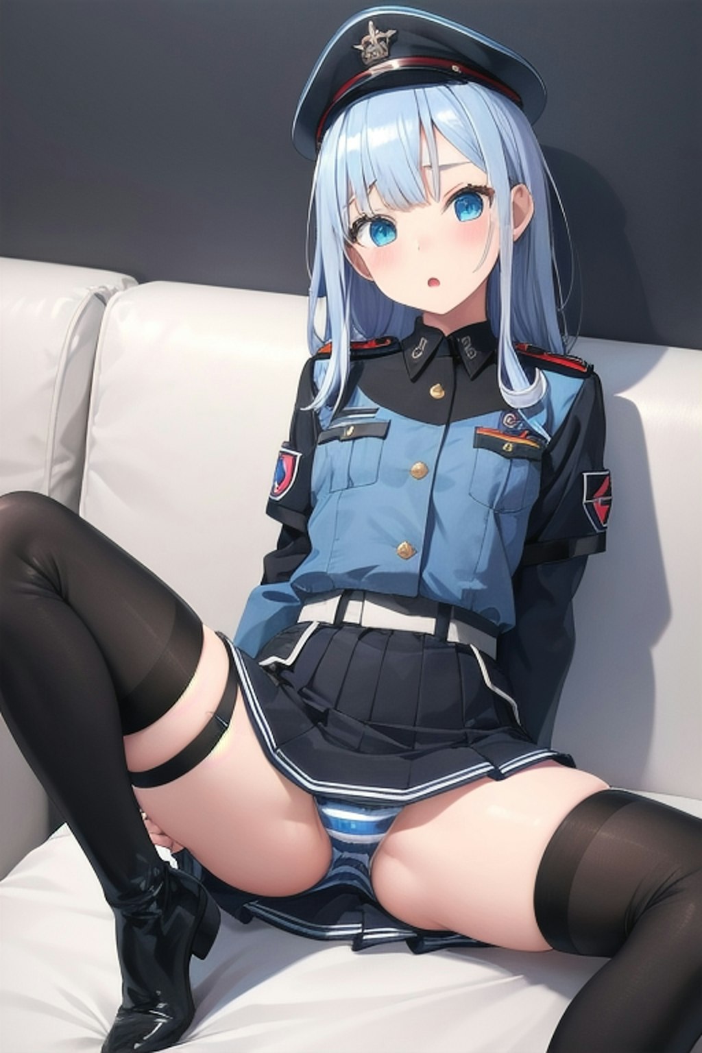 蒼髪青軍服縞パン少女