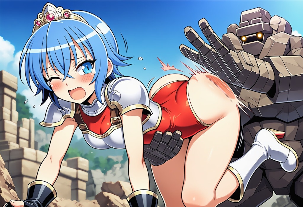 ゴーレムにつかまってお尻を叩かれるエルザ姫