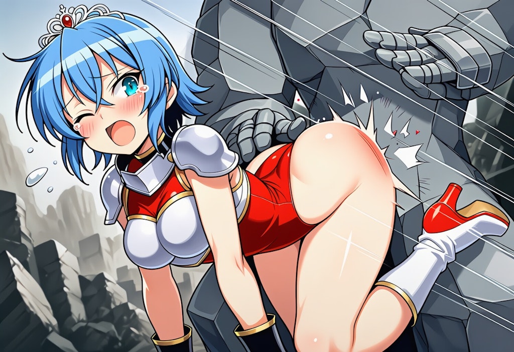 ゴーレムにつかまってお尻を叩かれるエルザ姫