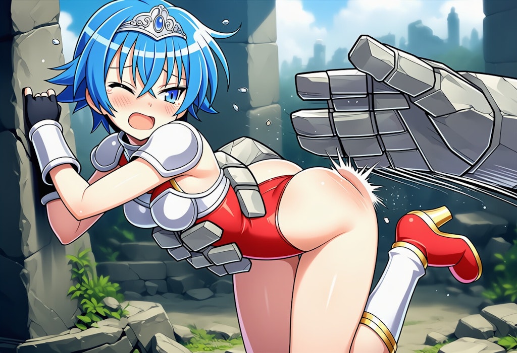 ゴーレムにつかまってお尻を叩かれるエルザ姫