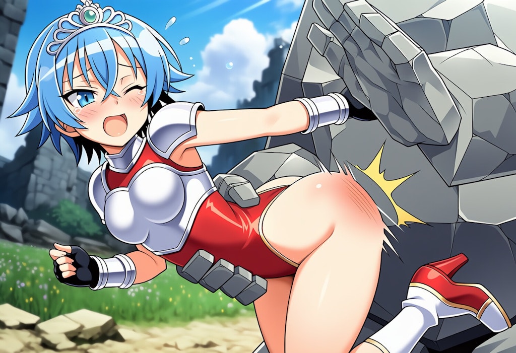 ゴーレムにつかまってお尻を叩かれるエルザ姫