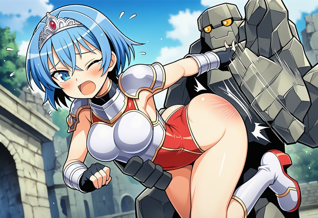 ゴーレムにつかまってお尻を叩かれるエルザ姫