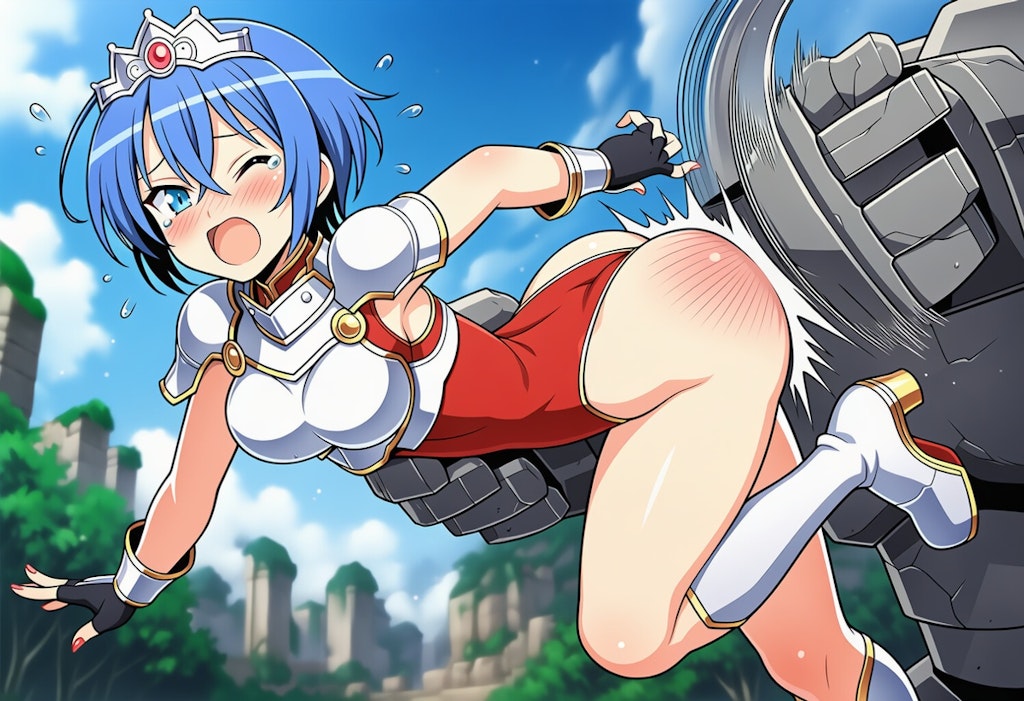 ゴーレムにつかまってお尻を叩かれるエルザ姫