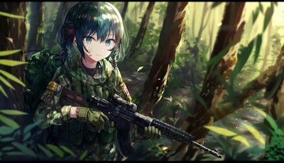 ジャングル。任務中の女性兵士。