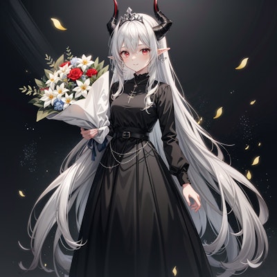 花束を贈るドレス姿の銀髪竜姫