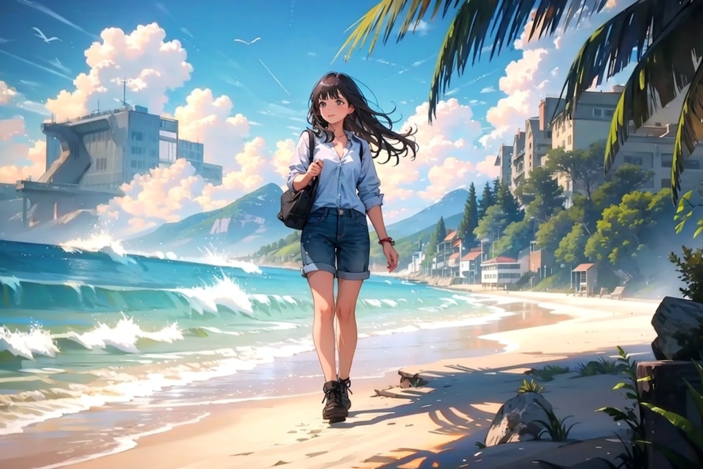海岸を散歩する少女