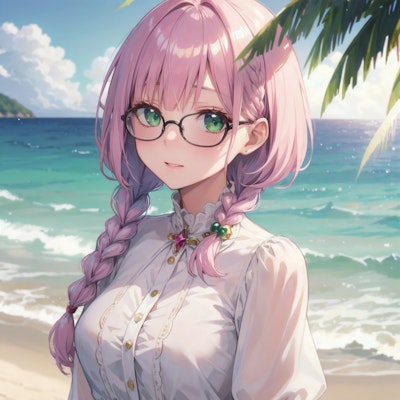 海辺のピンク髪眼鏡っ娘
