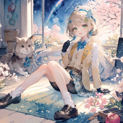 猫と桜少女(watercolor) : 2023.08.12
