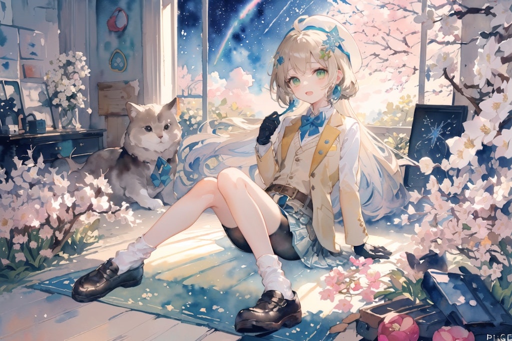 猫と桜少女(watercolor) : 2023.08.12