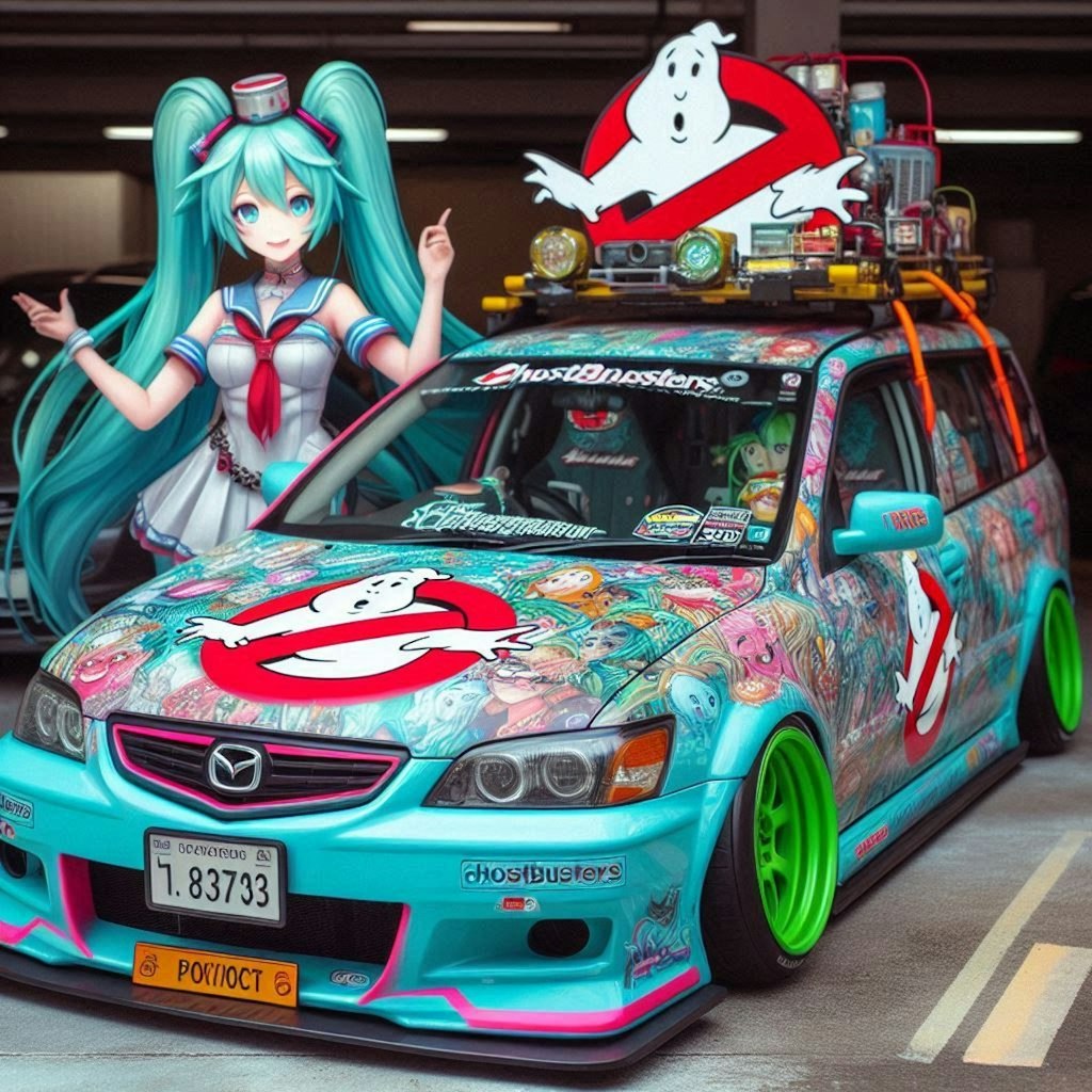 ゴーストバスターズカラーマツダアテンザワゴンのドリ車と初音ミク