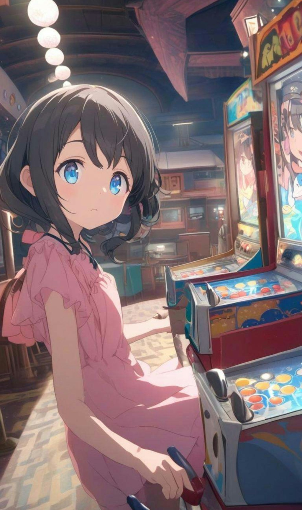 ゲームセンターで遊ぶ小さな女の子