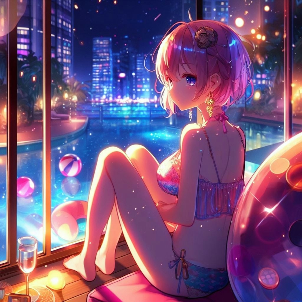 綺麗な夜景と水着美少女