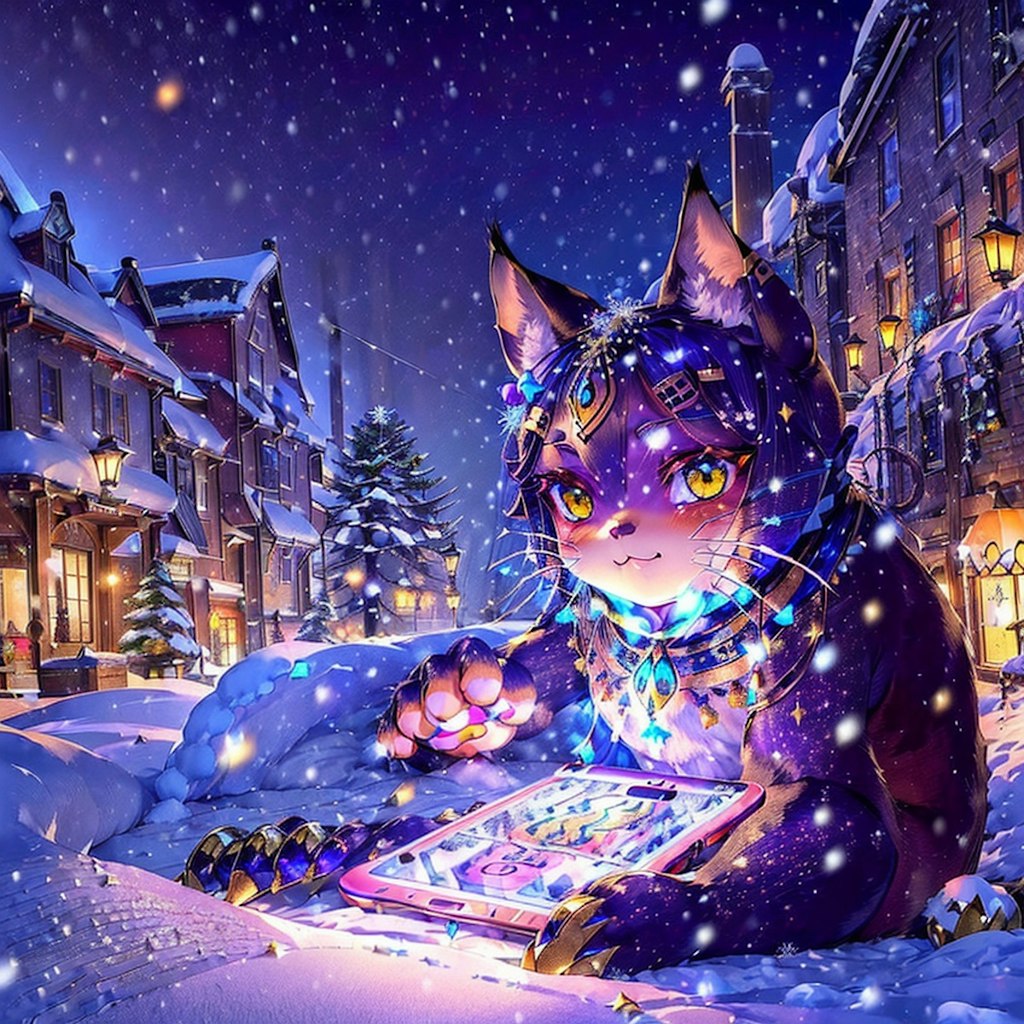 雪の中スマホを操作する猫神様