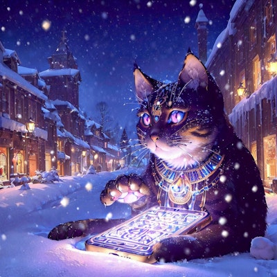 雪の中スマホを操作する猫神様