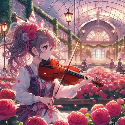 バラ園でバイオリンを弾く女の子