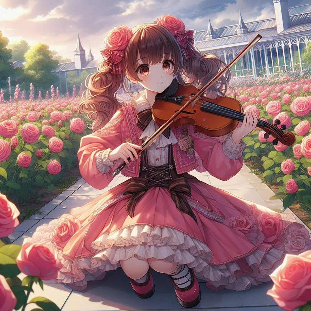 バラ園でバイオリンを弾く女の子