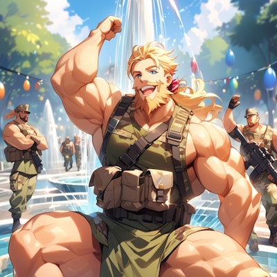 軍人さん、噴水で大喜び