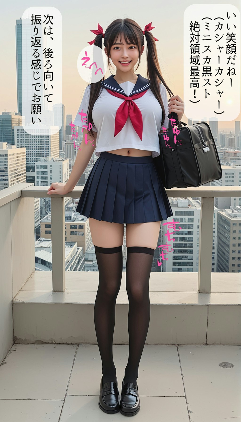 ミニスカセーラー服に黒スト絶対領域でグラビア撮影してるツインテが似合う現役J系の爆乳πズリフェラ大量顔射ぶっかけ