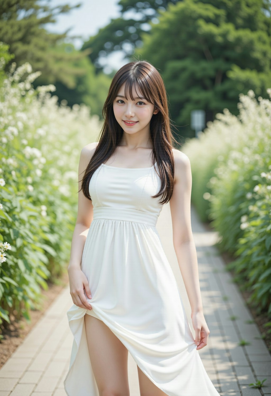 花畑のエプロンドレスの女性