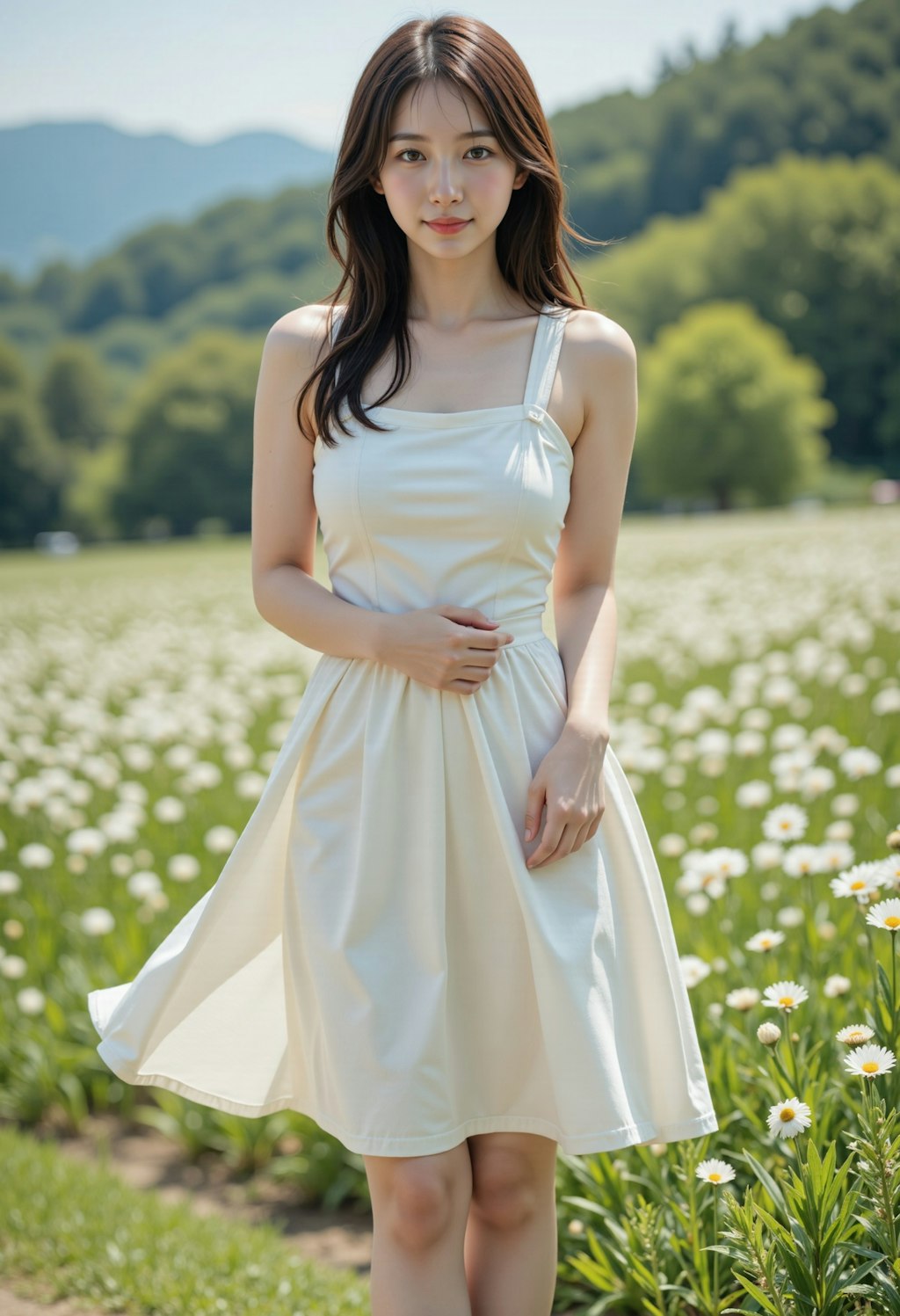 花畑のエプロンドレスの女性