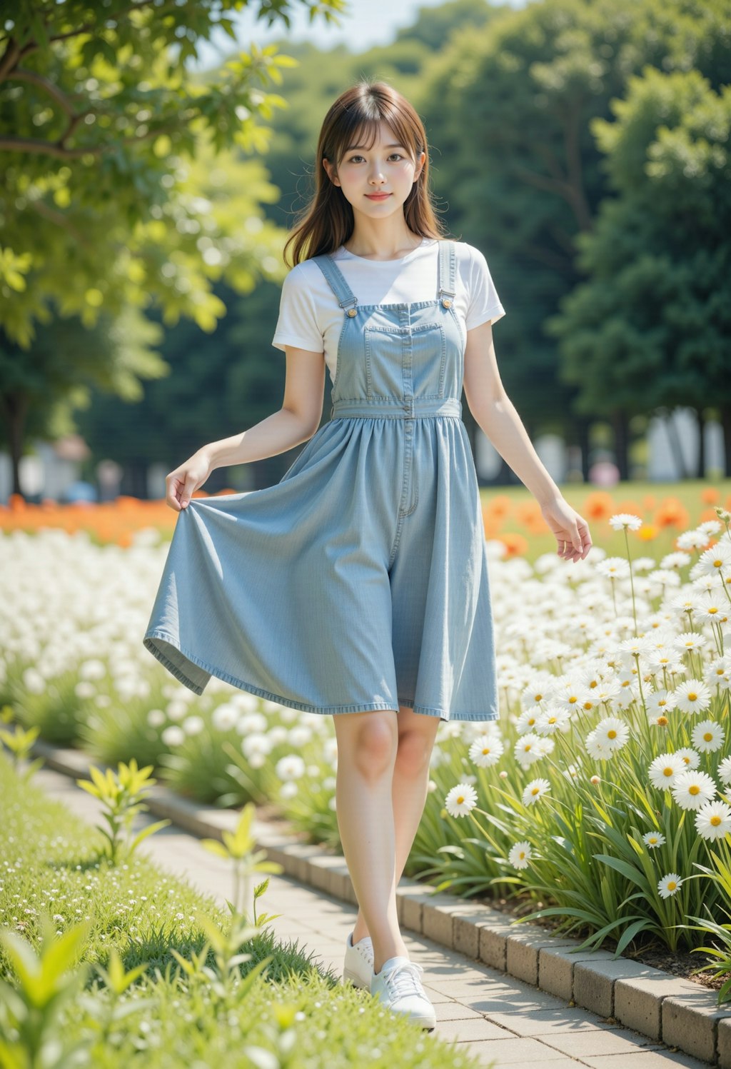 花畑のエプロンドレスの女性