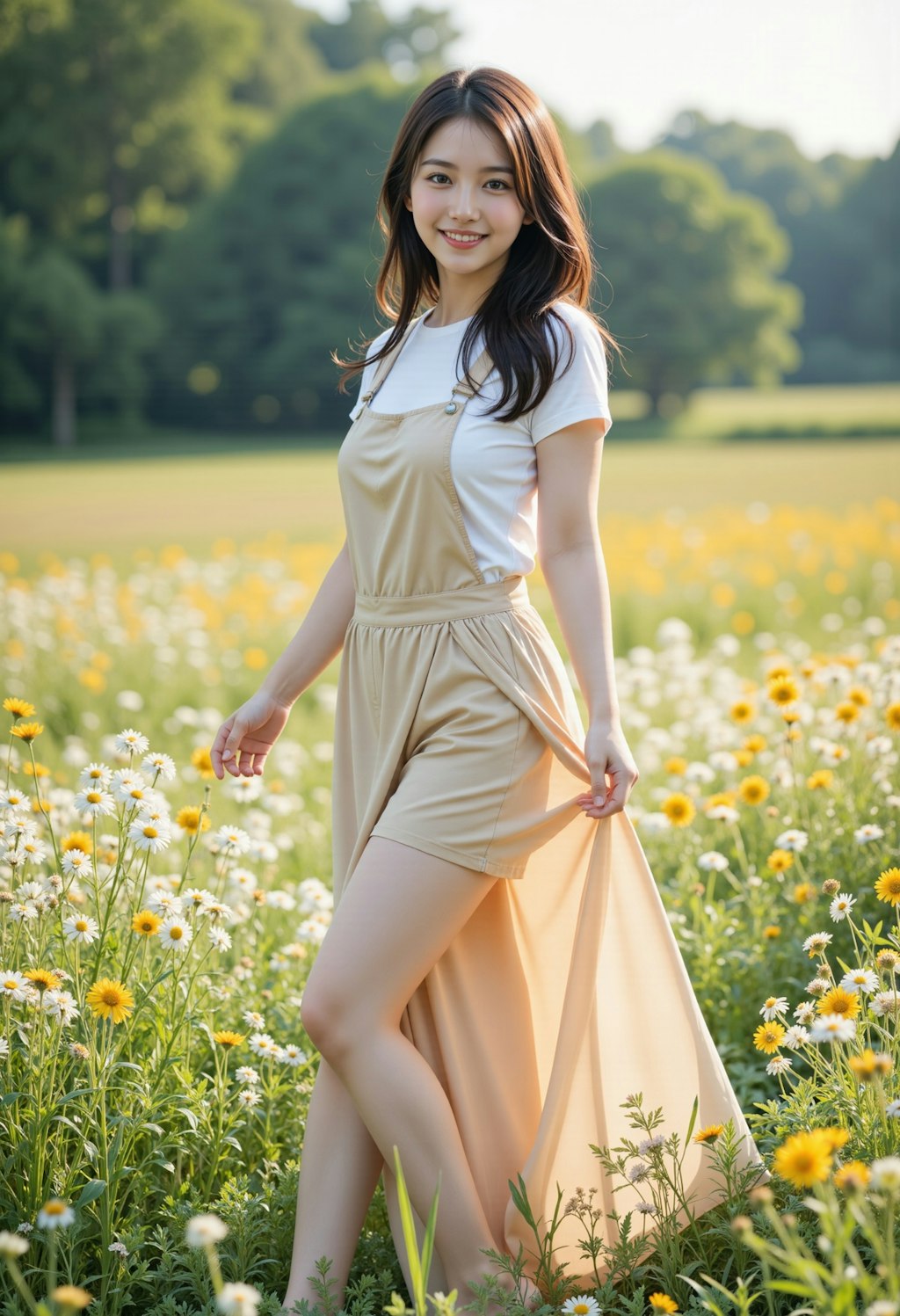 花畑のエプロンドレスの女性