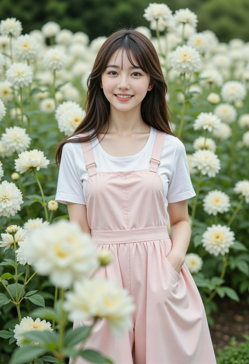 花畑のエプロンドレスの女性
