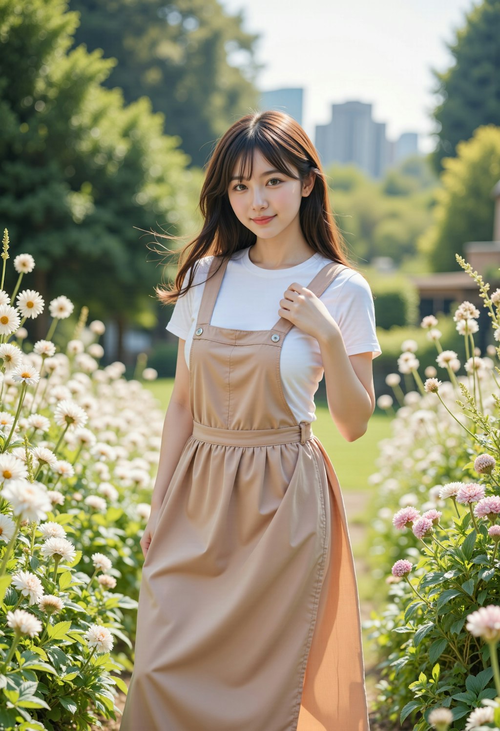 花畑のエプロンドレスの女性