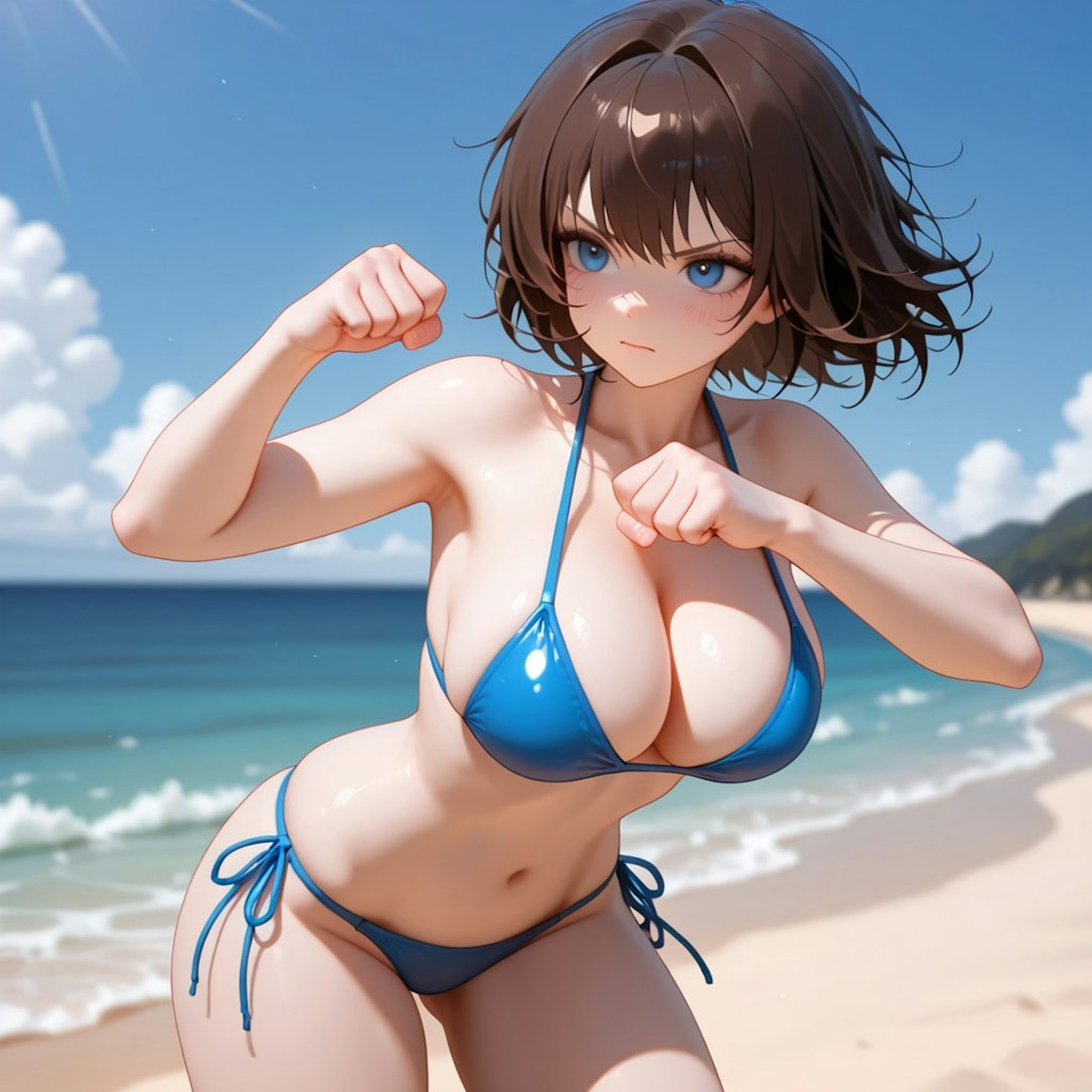 水着でファイティングポーズ