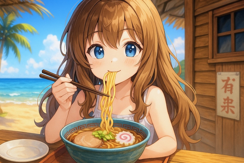 海の家でラーメンを食べる小さな女の子