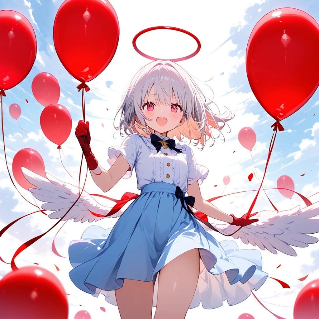 赤い風船を持つ白い髪ロングの天使