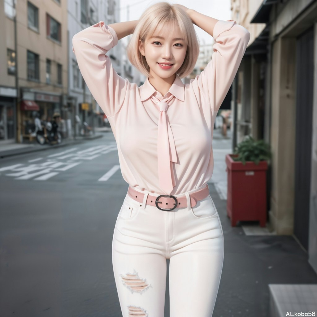 Vol103_Distressed White Jeans+Light pink Blouse