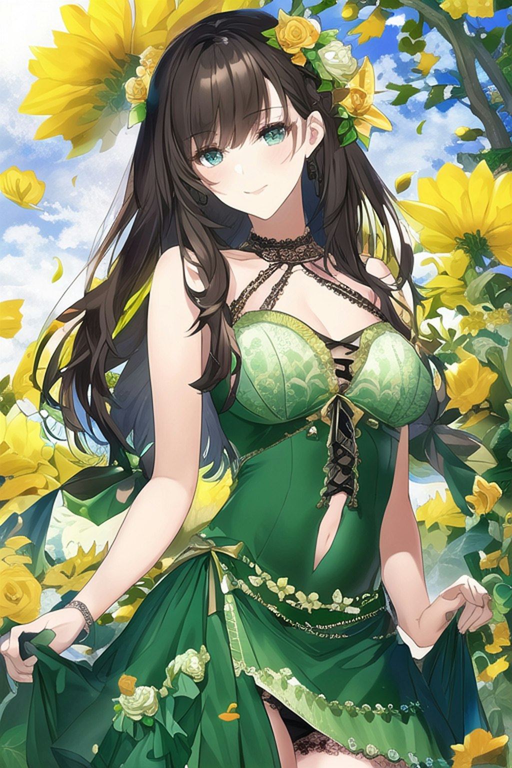 Yellow Green Flower Crowd Classical Dress