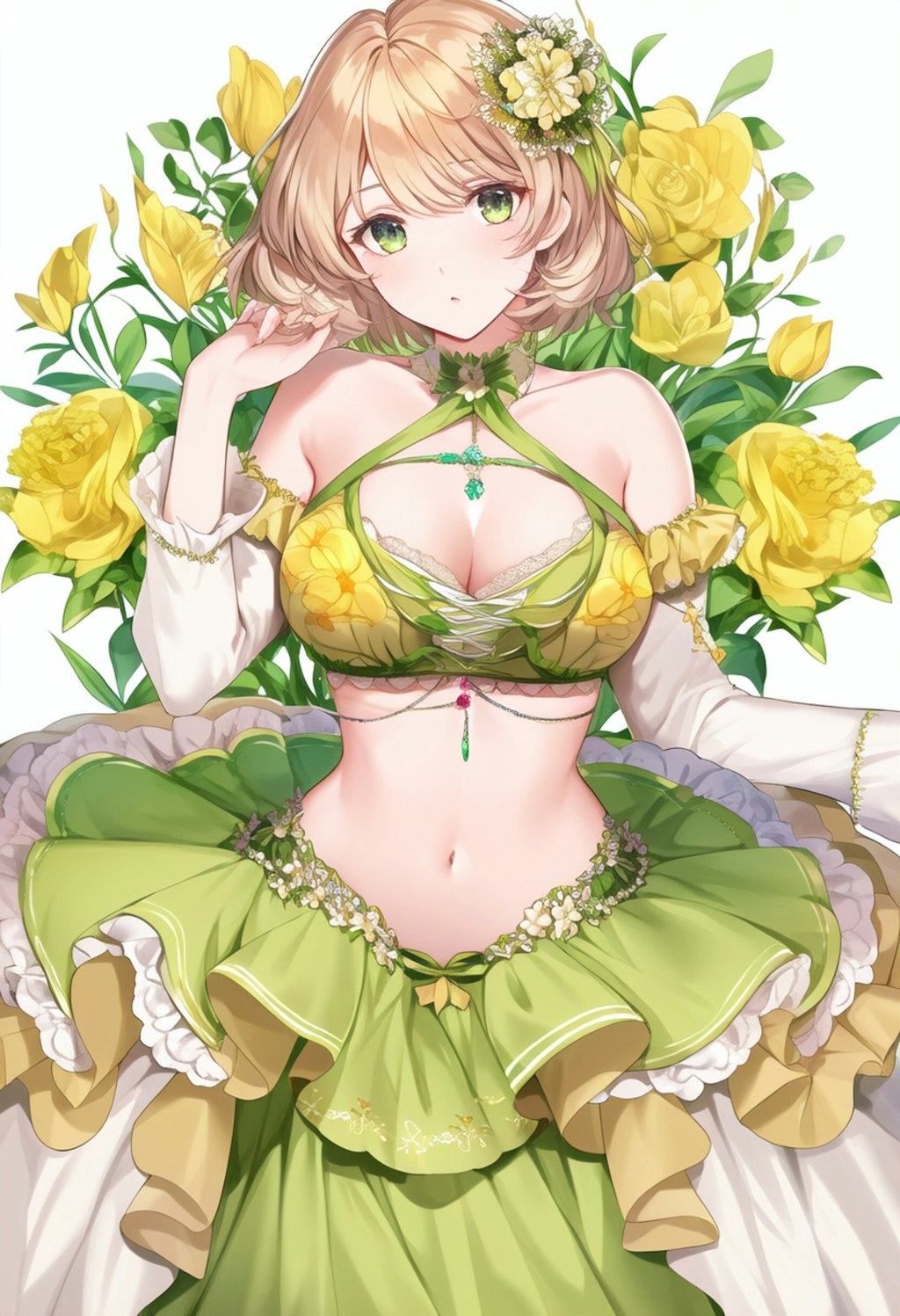 Yellow Green Flower Crowd Classical Dress