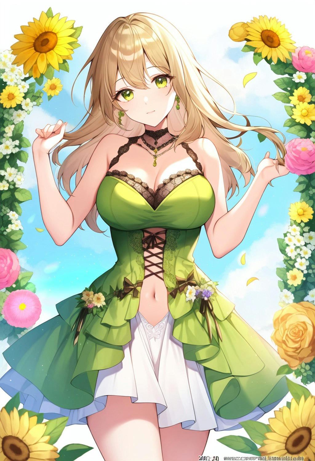 Yellow Green Flower Crowd Classical Dress