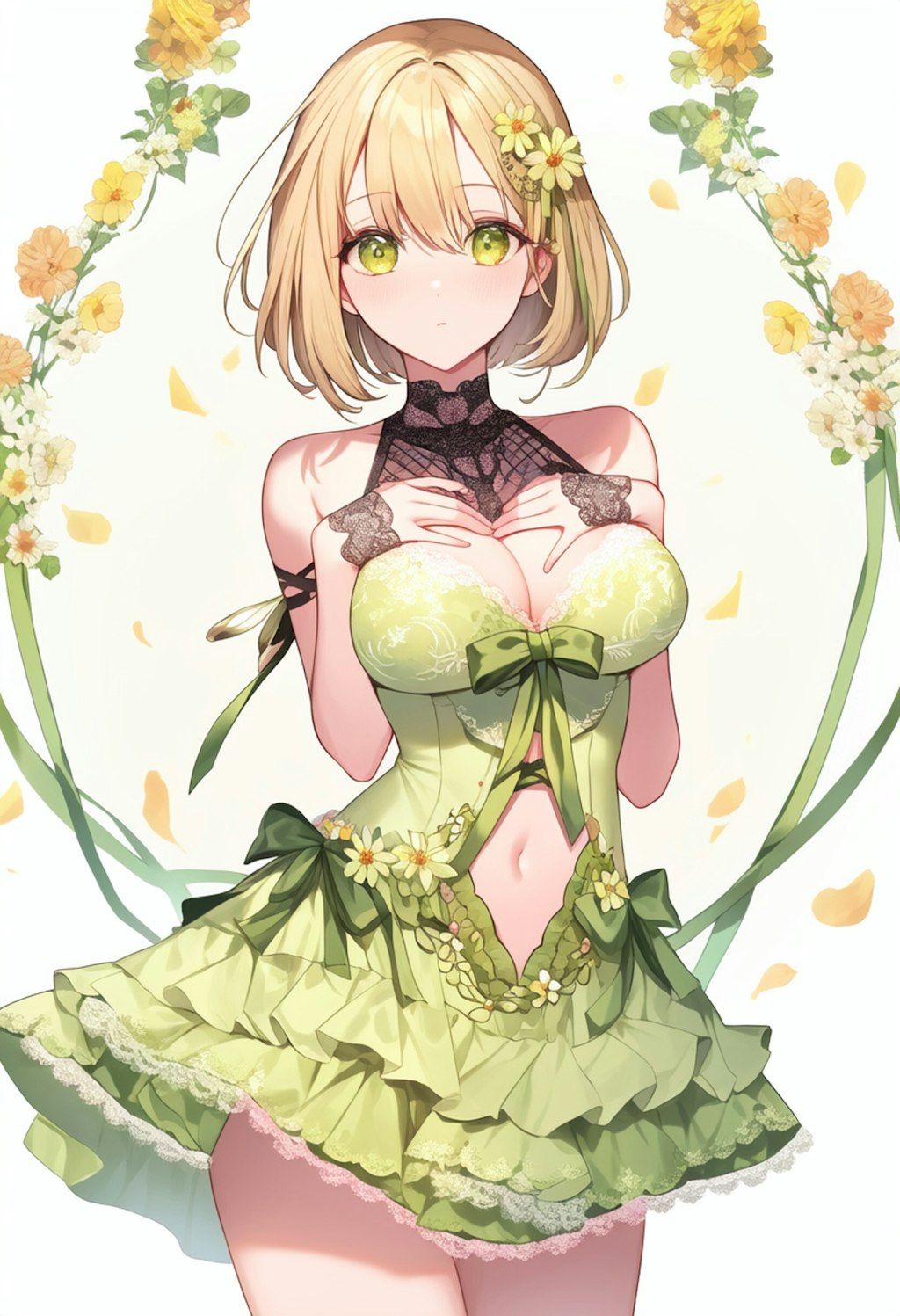 Yellow Green Flower Crowd Classical Dress