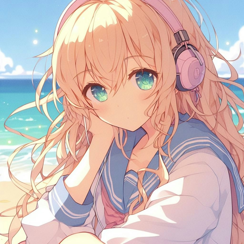 砂浜の少女。ヘッドフォンで音楽を聴く