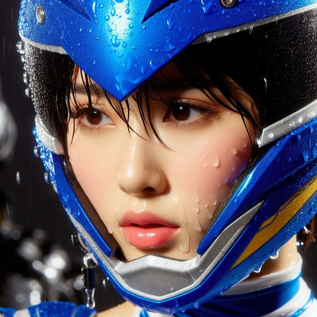 The heroine is beautiful as she sweats in the Super Sentai open mask.