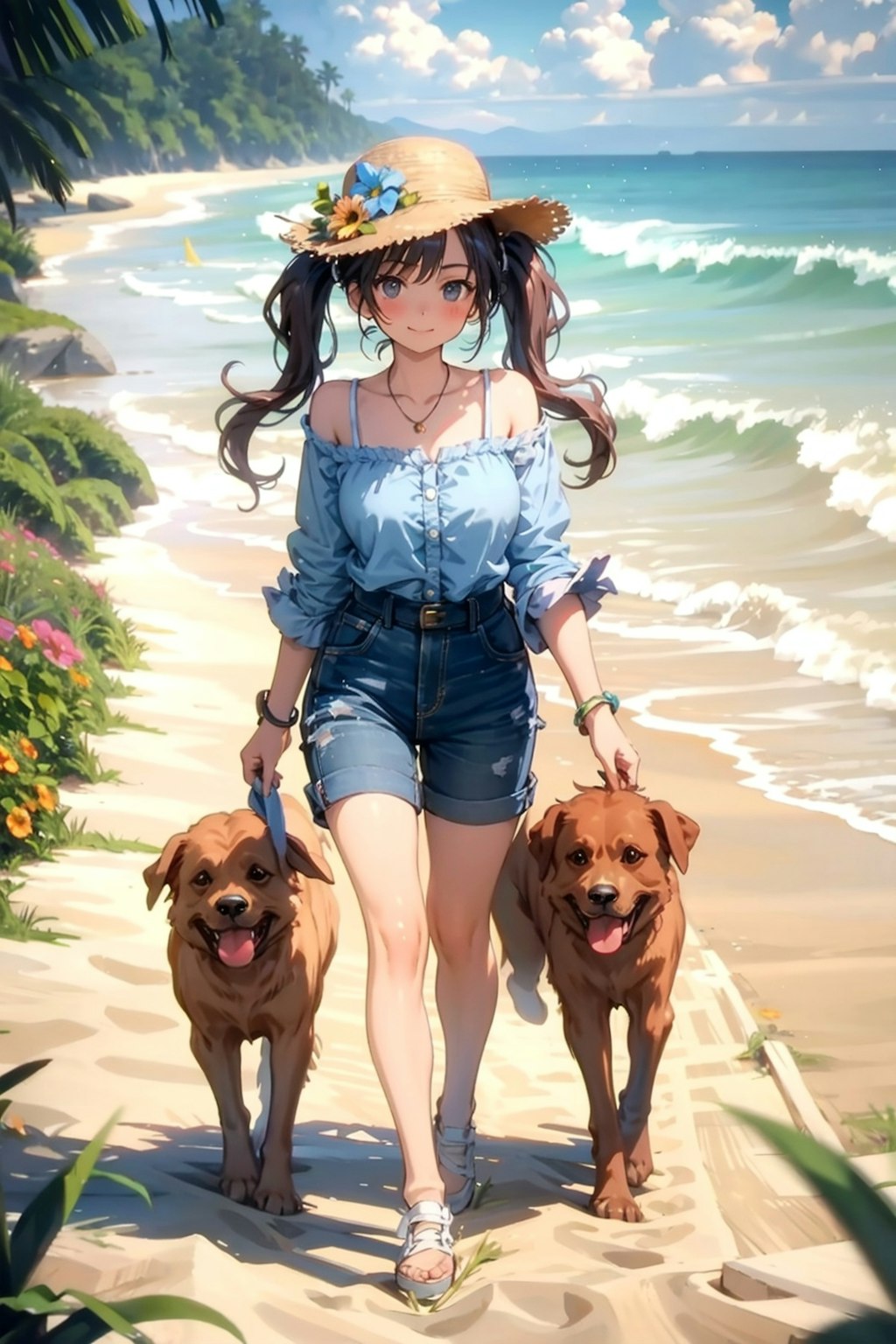 Girl walking with dog