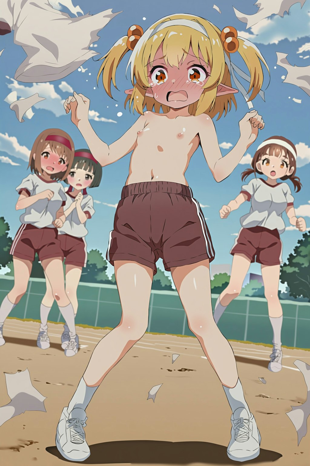 他の女子の前で体操着のシャツが吹き飛ぶエルフさん