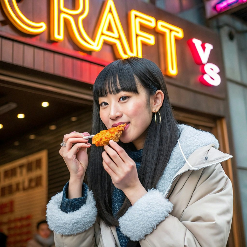 チキンをほおばる女性