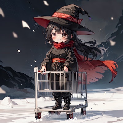 ショッピングカートで雪道を難なく走る魔女
