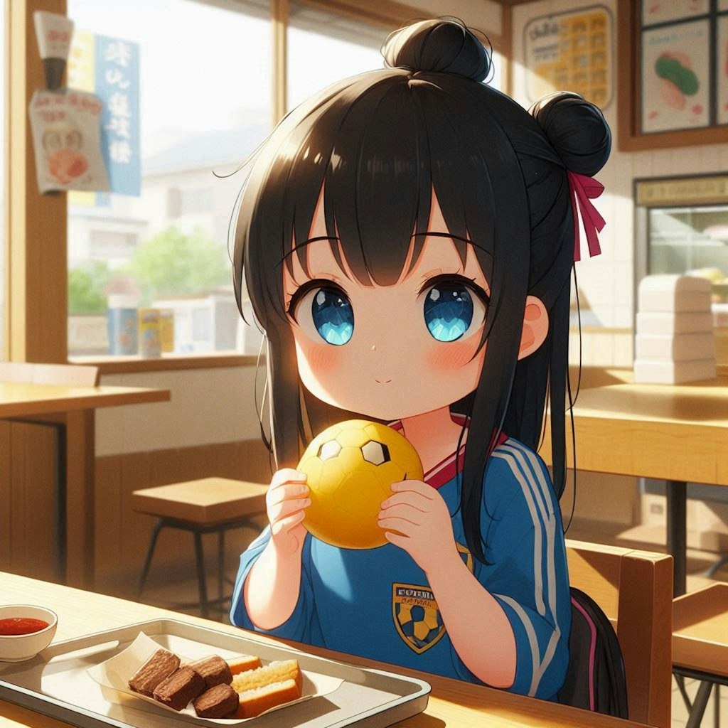 ピザまんを食べる小さな女の子