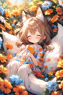 お花畑で眠る妖狐ちゃん