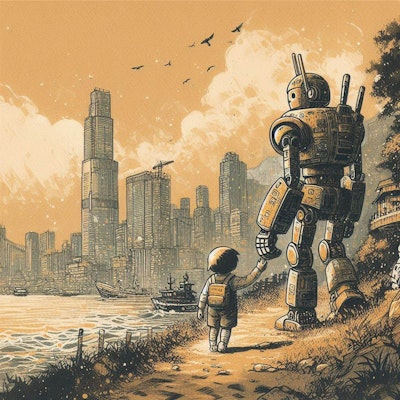 『紙本墨画風。河原。レトロロボットちゃんが歩いている。』