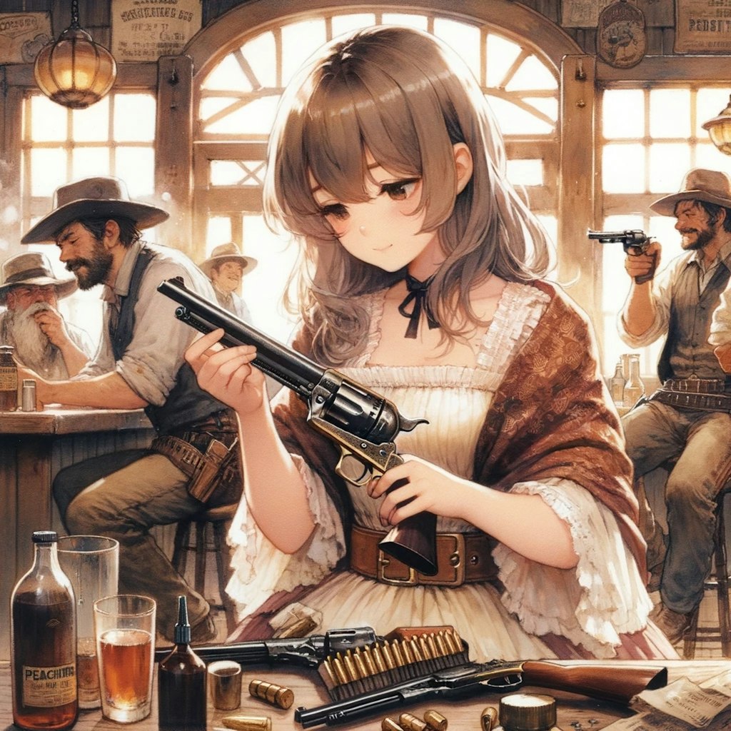 荒くれ男の集まるサルーンで銃の手入れをしている女の子