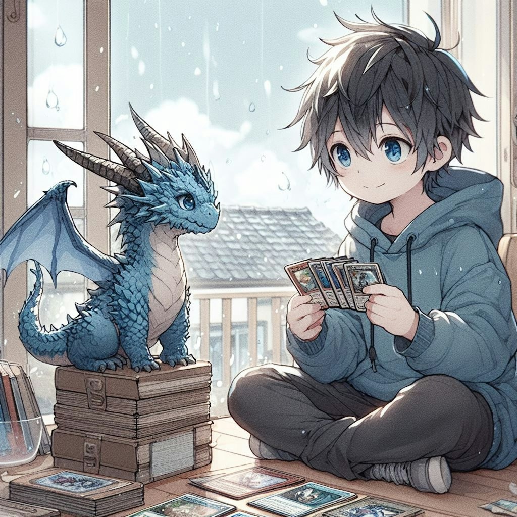 トレカで遊ぶ少年と青いドラゴン