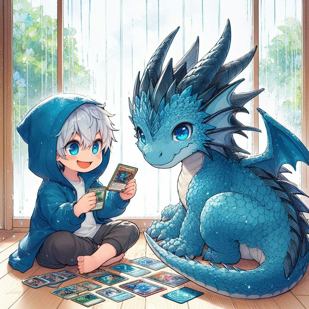 トレカで遊ぶ少年と青いドラゴン